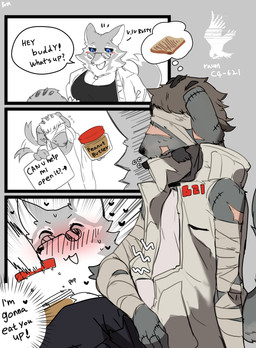 anthro biped blush breasts clothed clothed_anthro clothed_female clothed_male clothing dialogue duo eyewear female fingers fur glasses male sitting smile tail tail_motion tailwag text buta99 armored_core_(series) armored_core_vi:_fires_of_rubicon 621_(armored_core) rusty_(armored_core) canid canine canis mammal wolf 2025 absurd_res comic digital_drawing_(artwork) digital_media_(artwork) english_text hi_res