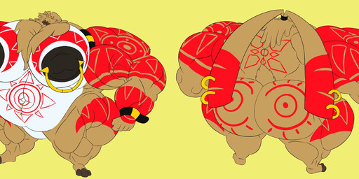 anthro big_muscles big_nipples big_pecs butt fur hair hair_over_eyes huge_muscles huge_nipples huge_pecs hyper hyper_muscles hyper_nipples hyper_pecs long_ears male muscular nipple_chain nipple_piercing nipples pecs piercing ponytail_ears solo yellow_body yellow_fur burningblaze121 bandai_namco digimon angoramon digimon_(species) absurd_res hi_res