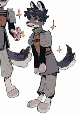 alternate_species anthro armor blue_eyes brown_body brown_fur duo faceless_character fur male pauldron pawpads solo sparkles tail unknown_artist delicious_in_dungeon kabru_(delicious_in_dungeon) canid canine canis domestic_dog japanese_kobold mammal