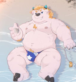 anthro beach belly bulge clothing detailed_background kemono lying male moobs navel nipples overweight overweight_male solo swimwear young cai_yuwang lifewonders tokyo_afterschool_summoners babe_bunyan_(tas) bovid bovine cattle mammal 2025 absurd_res hi_res