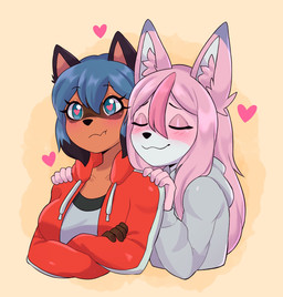 anthro black_hair blue_eyes blue_hair blush breasts brown_body brown_fur clothed clothing crossed_arms duo eyebrows eyelashes eyes_closed facial_markings female female/female fur hair head_markings heart_eyes heart_symbol inner_ear_fluff long_hair markings mask_(marking) pink_body pink_fur pink_hair short_hair tuft white_body white_fur artkett1412 brand_new_animal studio_trigger michiru_kagemori nazuna_hiwatashi canid canine fox mammal raccoon_dog tanuki 2023 hi_res