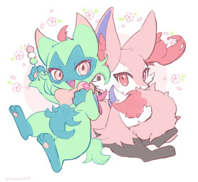 3_fingers 3_toes alternate_color ambiguous_anthro ambiguous_gender anthro arm_tuft big_tail biped black_body black_fur blush blush_lines cheek_tuft chest_tuft claws cute_fangs dango_(food) digitigrade dipstick_tail duo emoji_description eyelashes facial_tuft fangs feet finger_claws fingers flower fluffy fluffy_tail front_view fur green_body green_fur green_tail handpaw hindpaw hip_tuft holding_object holding_stick inner_ear_fluff looking_at_viewer markings multicolored_body multicolored_fur nude_ambiguous nude_anthro object_in_tail open_:3 open_mouth open_smile orange_eyes pawpads paws pink_body pink_eyes pink_fur pink_inner_ear_fluff pink_nose pink_pawpads pink_tail plant pointy_ears prick_ears shoulder_tuft simple_background sitting smile stick stick_in_tail tail tail_hug tail_markings tapering_snout teeth thick_eyelashes toes tuft twitter_handle two_tone_tail white_body white_claws white_fur amezawa_koma nintendo pokemon braixen canid felid floragato generation_6_pokemon generation_9_pokemon mammal pokemon_(species) 2024 colored digital_drawing_(artwork) digital_media_(artwork) flat_colors hi_res signature