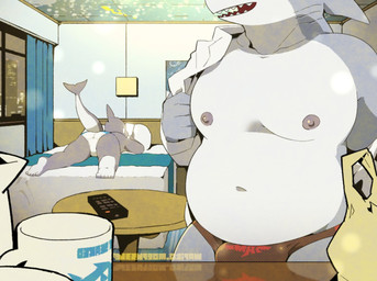 anthro bedroom belly bulge clothing detailed_background duo grey_body male male/male navel nipples nutt overweight speedo swimwear moesouna_gomi cetacean dolphin fish mammal marine oceanic_dolphin orca shark toothed_whale