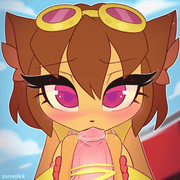 anthro biped blush bodily_fluids brown_hair duo eyelashes eyewear eyewear_on_head fellatio female female_penetrated food food_fetish food_on_penis food_play genitals goggles goggles_on_head hair hot_dog_bun humanoid_genitalia humanoid_penis looking_at_viewer magenta_eyes male male/female male_penetrating male_penetrating_anthro male_penetrating_female mostly_offscreen_character mustard oral oral_penetration penetration penile penile_penetration penis penis_in_mouth saliva saliva_on_penis sex solo_focus ssnejikk gameoverse glitch_productions kit_bodega domestic_cat felid feline felis mammal 1:1 2026 animated digital_media_(artwork) hi_res
