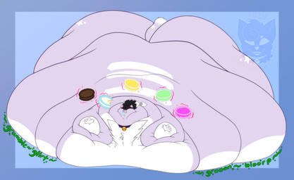 4_fingers anthro back_stripes bell bell_collar belly big_belly big_breasts big_butt biped black_hair black_markings blobby blorp blue_background blue_border blue_collar border breasts butt cake cake_in_mouth candy cat_tail chocolate chocolate_cake collar collar_only countershade_fur countershade_torso countershading dessert dipstick_tail fat_face female female_anthro fingers fluffy food food_in_mouth front_view fur gloves_(marking) green_emanata green_text groan hair hair_over_eyes huge_belly huge_breasts huge_butt huge_thighs hyper hyper_belly hyper_breasts hyper_butt hyper_thighs immobile jingle_bell jingle_bell_collar leg_markings long_tail lying magic magic_user markings morbidly_obese morbidly_obese_anthro morbidly_obese_female nude obese obese_anthro obese_female on_front overweight overweight_anthro overweight_female pink_inner_ear pink_nose pointy_ears prick_ears purple_body purple_ears purple_fur purple_tail red_magic rumbling_stomach simple_background snout socks_(marking) solo sound_effects sprinkles star_(marking) tail tail_markings telekinesis text thick_thighs thigh_markings tuft vowelless vowelless_sound_effect weight_gain white_body white_countershading white_hair white_markings white_tuft strawberrymilkdog spirit_(spirittabby) domestic_cat felid feline felis mammal tabby_cat 2023 full-length_portrait hi_res portrait watermark