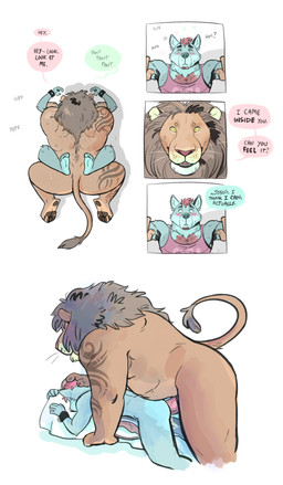 5_fingers 5_toes all_fours anal anal_penetration anthro anthro_on_anthro anthro_penetrated anthro_penetrating anthro_penetrating_anthro arm_tattoo bareback barefoot blue_body blue_fur blush bodily_fluids body_hair bottomless bracelet brown_body brown_fur brown_hair chest_hair clothed clothing cum cum_in_ass cum_inside dialogue dominant duo facial_hair feet fingers from_behind_position from_front_position fur genital_fluids goatee hair hand_on_head interspecies jewelry larger_dom larger_male leaning leaning_forward leg_tattoo lying male male/male male_penetrated male_penetrating male_penetrating_male mane mating_press multiple_tattoos nude on_back on_front pawpads penetration penile penile_penetration penis_in_ass pink_hair prone_bone_position sex shirt shoulder_tattoo size_difference smaller_male smaller_penetrated speed_bump_position sweat tank_top tattoo text toes topwear tribal tribal_tattoo yellow_eyes dramamine canid canine canis domestic_dog felid lion mammal pantherine absurd_res english_text hi_res
