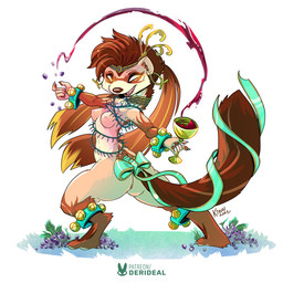 accessory alcohol anthro beverage bow_ribbon breasts brown_hair brown_nose butt ear_piercing female fur furgonomics gloves_(marking) hair leg_markings markings mostly_nude mostly_nude_female nipples open_mouth piercing ribbons socks_(marking) solo tail tail_accessory tail_bow tail_ribbon tan_body tan_fur wine wine_goblet yellow_eyes kiaun durinia_bramblebrew mammal mustelid musteline true_musteline weasel 1:1
