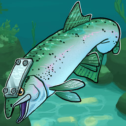 ambiguous_gender countershade_face countershade_torso countershading detailed_background dorsal_fin feral fin green_body humor open_mouth pun seaweed solo tail tail_fin underwater visual_pun water flamingpickle aquatic fish steelhead_trout trout 1:1