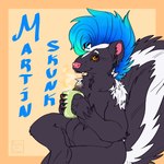 ambiguous_gender anthro black_body black_fur blue_hair brown_eyes container cup fangs fur hair markings mohawk pink_nose sitting skunk_tail smile solo steam teeth text white_body white_fur white_markings yellow_sclera bardo_en_krisis mammal mephitid skunk absurd_res hi_res