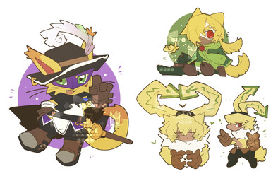 anthro belt blonde_hair boots cape clothing fluffy fluffy_chest footwear fur gesture gloves green_eyes group hair handwear hat headgear headwear heart_gesture heart_symbol male mask red_eyes shoes trio yellow_body yellow_fur dgmshirok bandai_namco digimon digimon_(species) felid feline humanoid lagomorph leporid mammal nyabootmon petermon rabbit symbareangoramon