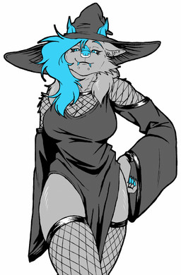 anthro breasts clothed clothing fangs female fishnet_clothing fishnet_legwear fishnet_topwear fur hair hand_on_hip hat headgear headwear horn legwear looking_at_viewer magic_user piercing robe simple_background smile solo teeth topwear witch witch_costume witch_hat prismanoodle mythology canid canine canis dragon hybrid mammal mythological_creature mythological_scalie scalie wolf absurd_res hi_res monochrome