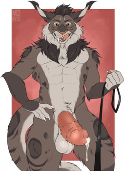 abs animal_genitalia anthro balls bodily_fluids cheek_tuft claws erection facial_tuft fangs fur genital_fluids genitals hair hand_on_hip holding_leash holding_object leash looking_at_viewer low-angle_view male male_anthro multicolored_body multicolored_fur muscular navel nude nude_anthro nude_male open_mouth pecs penile_spines penis precum sheath short_hair solo tail teeth tuft whiskers mataki23 felid feline lynx mammal 2025 colored digital_drawing_(artwork) digital_media_(artwork) hi_res
