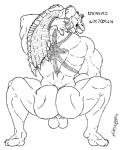 anthro balls big_balls bubble_butt butt eyestalks genitals haillu_(anatomy) looking_at_viewer male muscular muscular_anthro muscular_male scar simple_background solo tattoo text skianous star_wars gadnek_tarpals alien amphibian gungan otolla_gungan aliasing aurebesh_text character_cipher digital_media_(artwork) hi_res monochrome