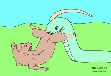 balls balls_in_mouth blue_eyes blue_sky brown_body brown_fur duo feral frown fur genitals grass green_body imminent_castration male male/male plant predator/prey questionable_consent size_difference sky smile tail toony urbanhermit mammal murid murine rat reptile rodent scalie snake 2000 colored dated