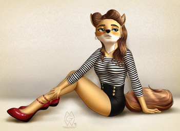anthro bottomwear clothing female hair shirt skirt solo topwear mykegreywolf harper_(fairdahlia) canid canine canis coyote mammal 2015 absurd_res hi_res
