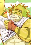 abs anthro barazoku biceps blush clothing embarrassed fur green_eyes hair male muscular muscular_anthro muscular_male ponytail small_shirt solo striped_body striped_fur stripes torn_clothing yellow_body yellow_fur pm8sleepy lifewonders tokyo_afterschool_summoners macan_(tas) felid feline mammal hi_res