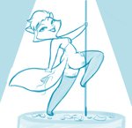 anthro bottomless bra butt clothed clothing dancing female leg_around_pole money panties pole pole_dancing smile solo stripper tipping underwear jegc cats_don't_dance warner_brothers sawyer_(cats_don't_dance) domestic_cat felid feline felis mammal blue_and_white hi_res monochrome