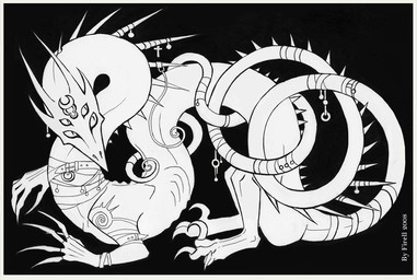 4_eyes black_background claws cross feral jewelry long_tail multi_eye simple_background solo spines tail firell mythology dragon mythological_creature mythological_scalie scalie 2008 black_and_white monochrome
