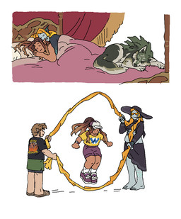 barefoot baseball_cap bed bedding blanket bottomwear claws clock clothed clothing cuddling ear_piercing ear_ring eyes_closed fangs feet female footwear fur furniture grey_body grey_fur grey_skin group hair hat head_on_hand headgear headwear jump_rope jumping light_body light_skin male orange_hair piercing pillow print_clothing print_shirt print_t-shirt print_topwear red_eyes ring_piercing sandals shirt shoes shorts sleeping sneakers socks sun_hat t-shirt tan_body tan_skin tattoo teeth topwear trio watch yellow_sclera legendofdinner mario_bros nintendo the_legend_of_zelda twilight_princess link link_(wolf_form) midna_(true_form) wario human humanoid hylian mammal twili aliasing digital_media_(artwork)