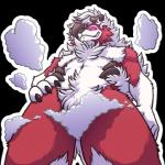 1:1 alpha_channel anthro axellycan_(artist) chest_tuft convenient_censorship fur generation_7_pokemon hair hand_on_hip looking_at_viewer low-angle_view lycanroc macro male midnight_lycanroc nintendo nude pink_eyes pokemon pokemon_(species) portrait red_body red_fur smile smirk solo three-quarter_portrait tuft white_body white_fur white_hair