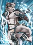 5_fingers abstract_background anthro balls barely_visible_balls barely_visible_genitalia blue_background bottomwear bulge clothing coat_cape fighting_pose fingers genitals kemono loincloth male navel orange_eyes pose simple_background solo akino-kamihara lifewonders tokyo_afterschool_summoners horkeu_kamui_(tas) canid canine canis mammal wolf 2017 3:4 absurd_res blue_theme hi_res signature