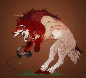 ambiguous_gender bear_trap blood blood_on_foot blood_on_tongue bodily_fluids butt_tuft chain fangs feral fluffy fluffy_tail fur inner_ear_fluff leg_tuft neck_tuft open_mouth pink_tongue red_body red_fur side_view simple_background solo tail tan_body tan_fur teeth tongue tongue_out trap_(contrivance) tuft white_inner_ear_fluff wounded riorix canid canine canis mammal wolf 2017 dated full-length_portrait portrait signature