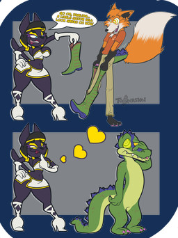 ankh anthro black_body black_fur body_transformation boots brown_body brown_fur clothing dialogue female footwear footwear_transformation fur gold_(metal) gold_jewelry green_body green_scales jdxtreme jewelry mind_control red_body red_fur scales shoes species_transformation text toony transformation toonvasion ankhmara canid canine canis crocodile crocodilian fox jackal mammal reptile scalie absurd_res alpha_channel comic english_text hi_res