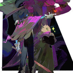 2_horns ambiguous_gender anthro axe black_hair blue_body blue_skin cape clothing fur gesture group hair hand_gesture holding_melee_weapon holding_object holding_sword holding_weapon horn melee_weapon pointing standing sword teeth trio weapon white_body white_fur yellow_teeth shir0shroom deltarune undertale_(series) kris_(deltarune) ralsei susie_(deltarune) bovid caprine darkner goat human lightner mammal scalie hi_res