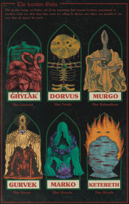 ambiguous_gender cloak clothing corpse crystal_ball emaciated fire group hair headgear headless headwear hood_up hooded_cloak horror_(theme) jewelry melee_weapon necklace not_furry sword text weapon plastiboo vermis_(plastiboo) vermis_i dorvus ghylak gurvek ketereth marko murgo deity human humanoid mammal reptile scalie snake character_name hi_res official_art traditional_media_(artwork)