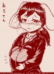 4shi_(artist) anthro blush bodily_fluids business_suit clothed clothing embarrassed female hair japanese_text looking_at_viewer mammal monochrome mouse murid murine nemi_(tenshoku_safari) pregnant pregnant_female rodent simple_background solo suit sweat sweatdrop tears tenshoku_safari text translated whiskers