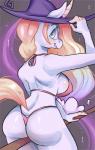 2018 absurd_res anthro big_breasts bra breasts broom butt cleaning_tool clothing corelle-vairel cosplay fan_character female hasbro hat headgear headwear hi_res horn magic_user my_little_pony solo underwear witch witch_hat zozzle_oc