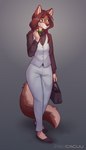 anthro bottomwear business_suit clothing collar countershading female grey_background hair long_hair pants purse simple_background solo suit topwear vest walking cacuu skylar_zero canid canine canis mammal wolf 2022 absurd_res hi_res nonbinary_(lore)