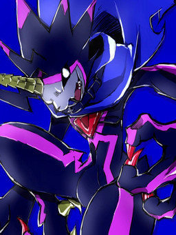 anthro black_body black_sclera blue_background blue_cape blue_clothing cape claws clothing horn male open_mouth simple_background solo tail white_eyes sig221218 bandai_namco digimon digimon_(species) gulusgammamon 3:4