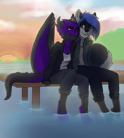 anthro clothed clothing duo female fur hair horn hug male male/female outside sitting smile tail wings redpixie mythology xia_(cipher-raid) canid canine canis dragon mammal mythological_creature mythological_scalie scalie wolf