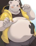 anthro belly big_belly black_nose blush bottomwear clothed clothing hoodie humanoid_hands kemono male moobs nipples open_clothing open_hoodie open_topwear pants raised_clothing raised_shirt raised_topwear shirt solo_focus topwear white_body ai_only_dream bear mammal polar_bear ursine 2023 hi_res