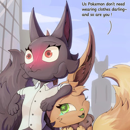 advertisement anthro female female/female forced forced_exposure outside public public_exposure text ttux3 nintendo pokemon beany_(veenveegoddess) khulico_(ttux3) eevee generation_1_pokemon mammal pokemon_(species) rodent sciurid tree_squirrel 1:1 absurd_res cropped english_text hi_res