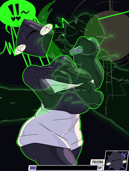 1_eye anthro big_breasts black_background black_body black_breasts black_skin blush blush_lines breasts cleavage clothed clothing crossed_arms dress duo exclamation_point eyes_closed face_lick female female_humanoid female_on_anthro floating_head gameplay_mechanics green_outline green_speech_bubble gui half-closed_eyes health_bar humanoid_on_anthro licking long_tongue male male/female male_anthro male_on_humanoid narrowed_eyes outline shirt simple_background speech_bubble thick_thighs tongue tongue_out topwear translucent translucent_body white_blush white_clothing white_dress wide_hipped_female wide_hipped_humanoid wide_hips ura-spectre frogdor prisma_(fr0gv0re) amphibian digital_creature frog humanoid shape_head 2022 shaded