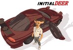 anthro antlers bottomwear car clothed clothing footwear high-angle_view horn looking_at_viewer male pants polo_shirt shirt shoes simple_background solo standing text topwear vehicle white_background ffog beastars initial_d mazda mazda_rx-7 louis_(beastars) cervine deer mammal red_deer 2021 absurd_res crossover english_text hi_res