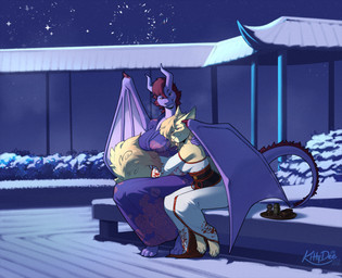 anthro big_breasts biped breasts claws clothed clothed_anthro clothed_female clothing duo feet female front_view fur hair horn huge_breasts medium_breasts night nipple_outline non-mammal_breasts outside sitting sky tail toes wings kittydee mythology canid canine dragon fox mammal mythological_creature mythological_scalie scalie 2026 digital_drawing_(artwork) digital_media_(artwork)