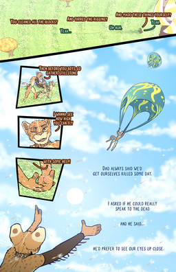 anthro dialogue fantasy group kite_tower male narration nonsexualized_young outside parachuting trio fek the_sparks_of_daybreak fekkri_talot makka_talot rikken_talot catfolk absurd_res comic hi_res