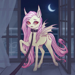 balcony collar cutie_mark female feral first_person_view fur hooves inner_ear_fluff inside leash leash_pull leashing_pov looking_at_viewer mane moon night pink_mane pink_tail raised_hoof red_eyes solo submissive submissive_female tail text tuft yellow_body yellow_fur lunarlacepony friendship_is_magic hasbro my_little_pony flutterbat_(mlp) fluttershy_(mlp) bat_pony equid mammal 1:1 hi_res