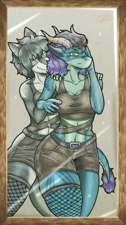 alternative_fashion anthro belt black_body black_hair bottomwear breasts cleavage clothed clothing denim denim_bottomwear denim_clothing denim_shorts duo female fishnet_clothing goth hair horn legwear medium_breasts mirror navel non-mammal_breasts non-mammal_navel purple_hair shirt shorts shoulder_grab smile tank_top thick_thighs thigh_highs topwear ajicitoart kobold scalie absurd_res hi_res