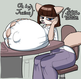 anthro big_breasts blue_eyes bottomwear breast_rest breasts brown_body brown_hair bulging_breasts chair clothing collared_shirt desk dialogue dress_shirt female furniture hair head_on_hand huge_breasts hyper hyper_breasts nipple_outline office office_chair pants shirt sitting solo table text tired topwear sherbetjester canid canine fox mammal artist_name hi_res