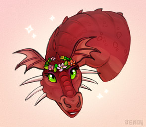 ambiguous_form cheek_spikes ear_frill eyelashes facial_spikes female flower flower_crown frill_(anatomy) green_eyes light lips looking_up multicolored_body multicolored_scales pink_background pink_flower plant red_body red_lips red_scales red_spines scales sharp_teeth simple_background solo sparkles spikes spikes_(anatomy) teeth text thick_neck toothy_grin jenery dreamworks european_mythology mythology shrek_(series) dragon_(shrek) dragon mythological_creature mythological_scalie scalie western_dragon 2025 artist_name colored dated digital_drawing_(artwork) digital_media_(artwork) english_description hi_res lighting shaded