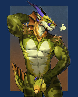 anthro balls blue_background breath featureless_chest foreskin forked_tongue genitals gradient_background green_body hand_behind_head holding_penis horn humanoid_genitalia humanoid_penis licking licking_lips licking_own_lips male male_anthro muscular muscular_anthro muscular_male neck_fin nude_anthro nude_male orange_background penis purple_tongue simple_background solo spikes spikes_(anatomy) standing tongue tongue_out roamingthrough mythology dragon mythological_creature mythological_scalie scalie alpha_channel hi_res