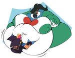 anthro belly belly_kiss big_belly black_clothing black_hair black_sclera black_shirt black_topwear blue_eyes clothed clothing duo feathers female hair hand_on_belly horn huge_belly jacket kissing kissing_belly looking_pleasured male male/female morbidly_obese morbidly_obese_anthro morbidly_obese_female motion_lines multicolored_body nude obese obese_anthro obese_female open_mouth overweight overweight_anthro overweight_female shirt simple_background text topwear boot_(artist) boot_(character) carrie_(qweave) avian bat bird bovid caprine goat mammal