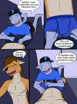 3:4 abs anthro backwards_baseball_cap backwards_hat baseball_cap blue_clothing blue_underwear blush bottomwear bottomwear_pull boxer_briefs brown_body brown_fur brown_hair bulge canid canine canis clothed clothing clothing_pull comic coyote detailed_background dialogue embarrassed english_text erection erection_under_clothing eyes_closed fangs feet first_person_view fish fur furniture fuze grey_body grey_skin hair half-closed_eyes hat headgear headwear hi_res ian_dela_cruz inside looking_at_viewer male male/male mammal marine mond_reyes narrowed_eyes navel nipples open_mouth pants pants_pull shark simple_background sofa teeth texnatsu text toes tongue underwear undressing