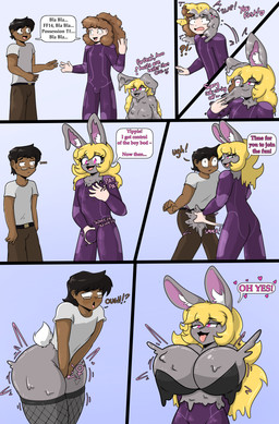 anthro assimilation big_breasts black_hair blonde_hair bodysuit bound breasts bulge_grab clothed clothed_human clothed_male clothing dialogue encasement expansion eyewear female fishnet_clothing fishnet_legwear fishnet_thigh_highs gender_transformation glasses grey_body group hair heart_symbol hip_expansion huge_breasts human_to_anthro latex latex_bodysuit latex_clothing latex_skinsuit legwear long_hair male mtf_transformation null_bulge pink_eyes purple_bodysuit purple_clothing purple_latex purple_skinsuit scut_tail short_tail skinsuit species_transformation speech_bubble tail takeover text thigh_expansion thigh_highs tight_clothing transformation trio wearing_glasses quickcast deiser sophie_(quickcast) goo_creature human lagomorph leporid mammal rabbit 2026 absurd_res comic english_text hi_res