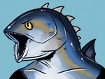 anthro blue_background blue_body blue_frill dorsal_frill frill_(anatomy) head_spikes male neck_spikes open_mouth sharp_teeth simple_background solo spikes spikes_(anatomy) teeth imperatorcaesar fish marine 4:3 bust_portrait portrait