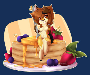 accessory amber_eyes anthro biped black_nose blueberry_(fruit) breasts brown_hair butter character_on_plate cutlery dairy_products featureless_breasts female food fork fruit hair hair_accessory hairband kitchen_utensils legs_together looking_at_viewer nude pancake plant plate short_hair sitting smile solo strawberry tongue tongue_out tools conditional_dnp teranen deer mammal 2018 alpha_channel hi_res